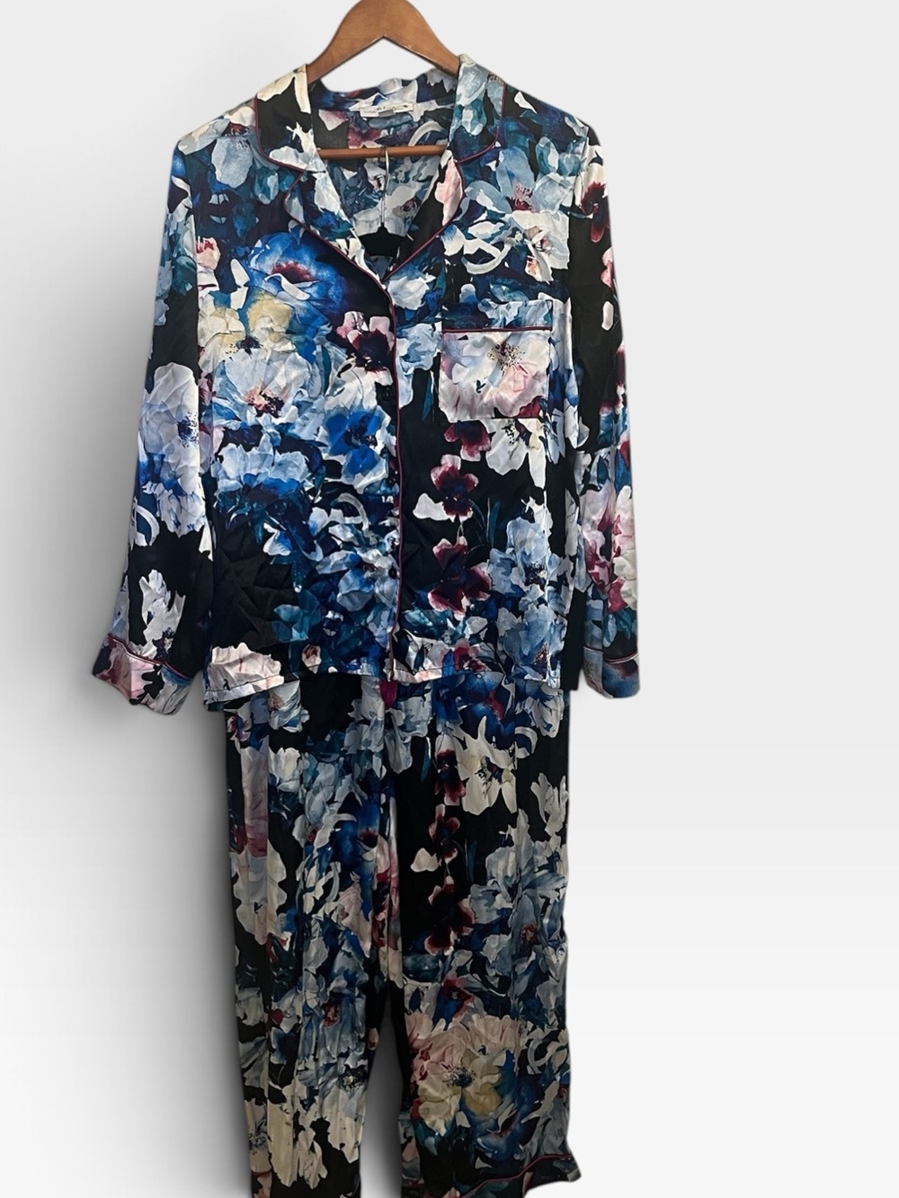 Women's Floral Satin Pajama Set - Blue & Black